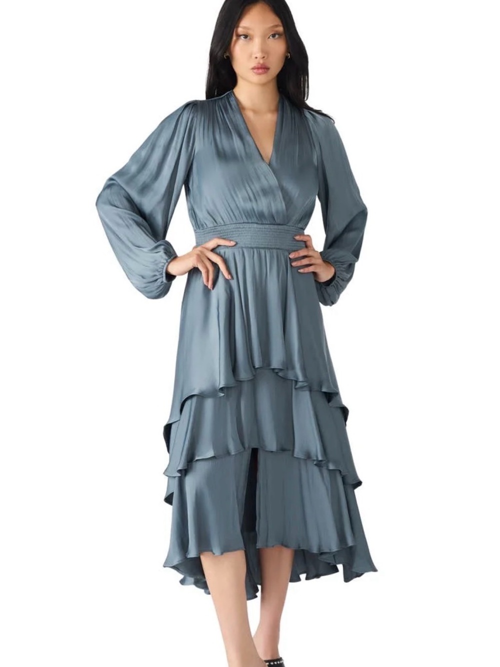 BNWT Steve Madden Slate Blue Satin High-Low Tiered Dress